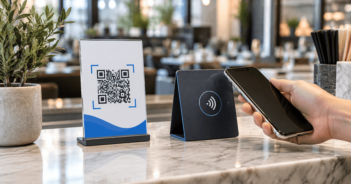 NFC review card and QR poster beside a smartphone at a business counter