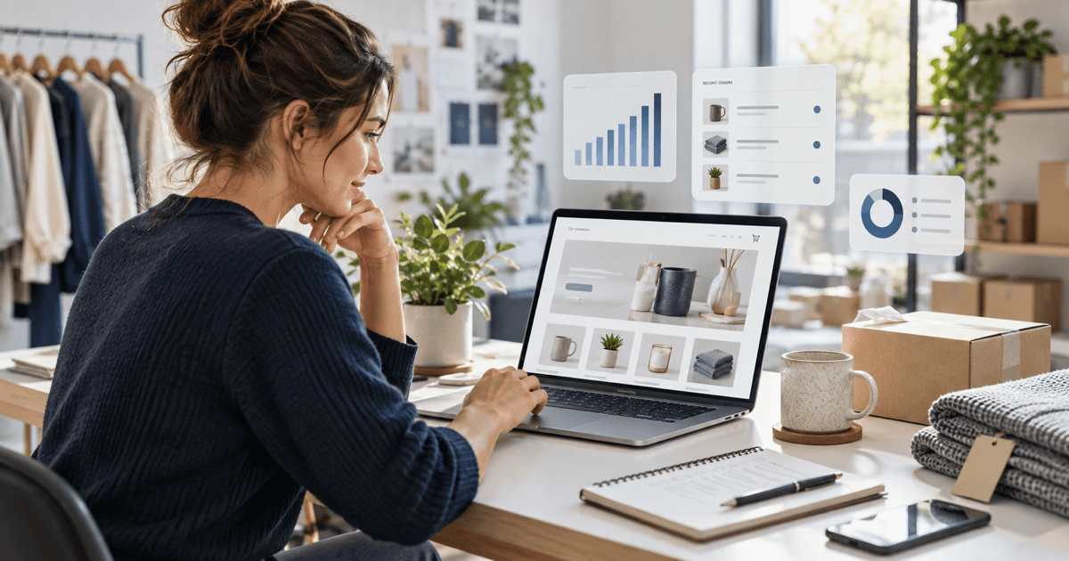 Small business owner reviewing an online store, orders and inventory