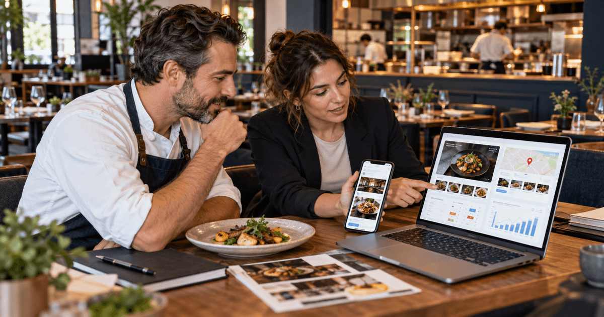 Restaurant owner and marketing specialist reviewing local search, food content and reservations