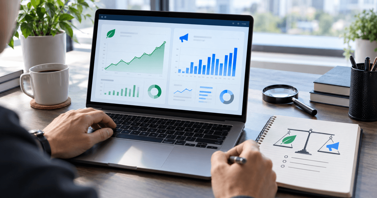 Business owner comparing organic search growth and paid advertising performance
